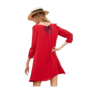 CLAUDIE PIERLOT Rififi 3/4 Sleeve Back Tie Red Waffle Texture Shift Dress 36 S